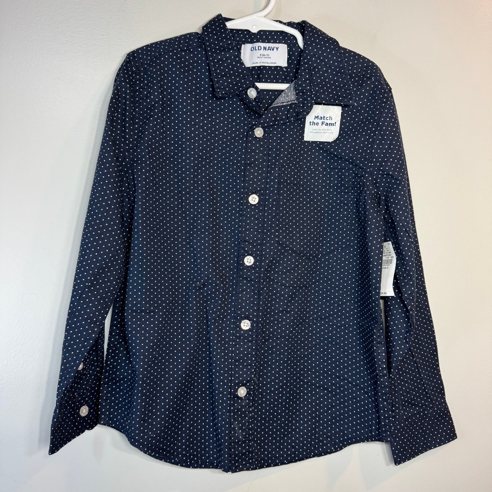 Old Navy Blue Polka Dot Button Down Shirt Boys 6/7 Built-In Flex Easter Preppy